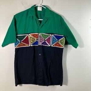 Mens Vintage My Name Is Panama Button Shirt Green Black Multicolored S Cotton